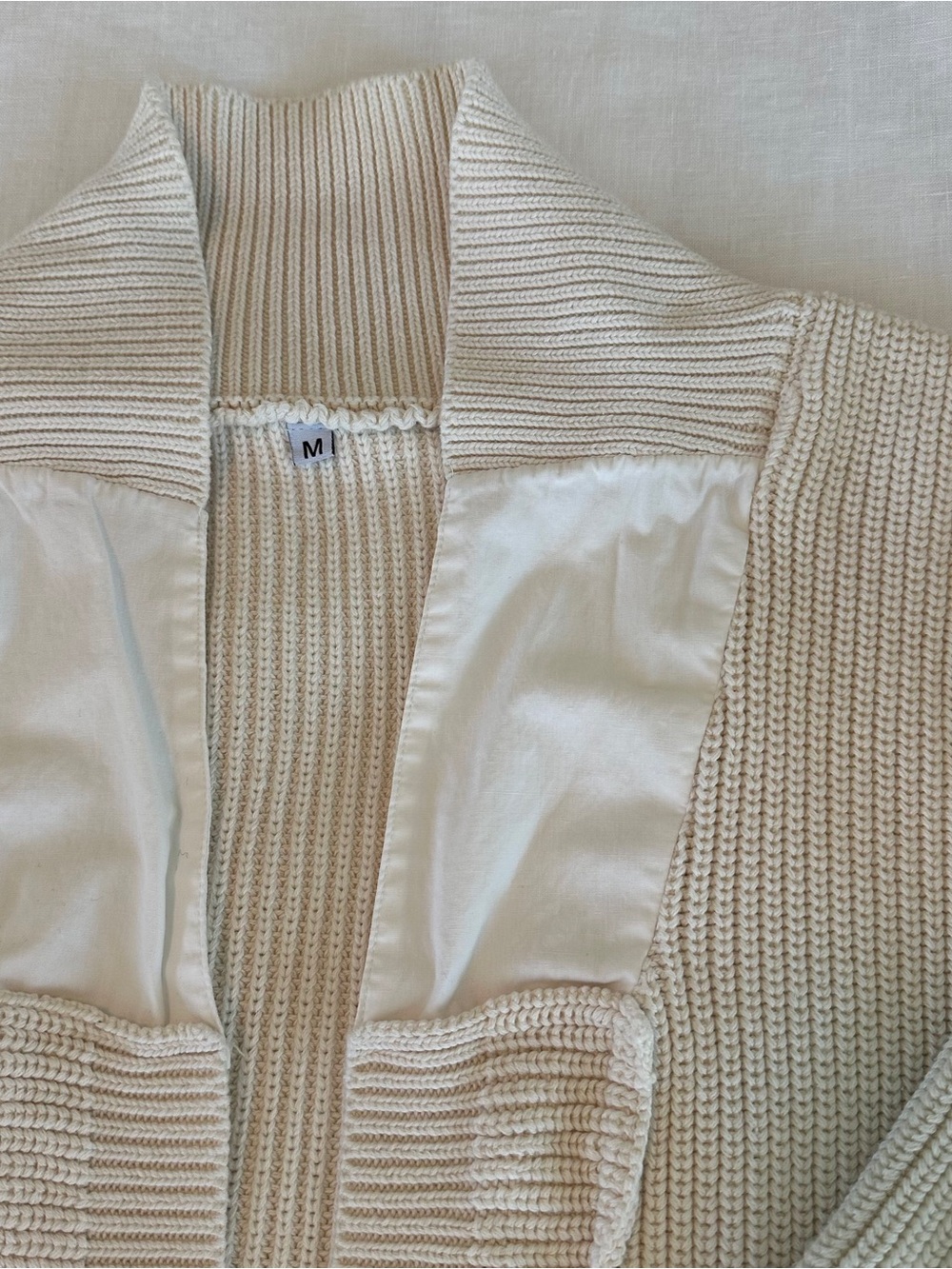Off-white Open-Front Ribbed Knit Women's Cardigan Sweater with Elbow Patches - Picture 3 of 6